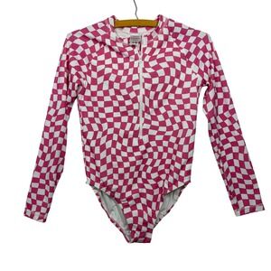 Hanna Andersson Girls Pink Wavy Checkerboard Long Sleeve Rash Guard Swimsuit 12